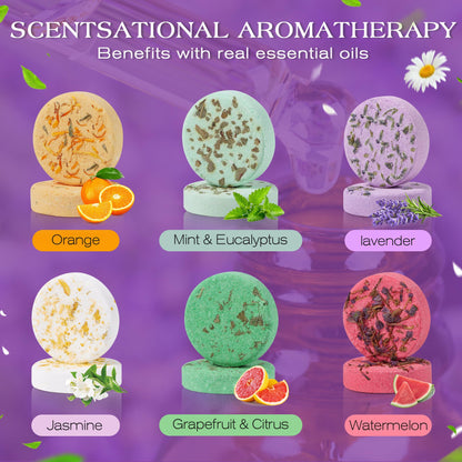 Self care stress relief shower steamer tablet being activated by gentle water splashes