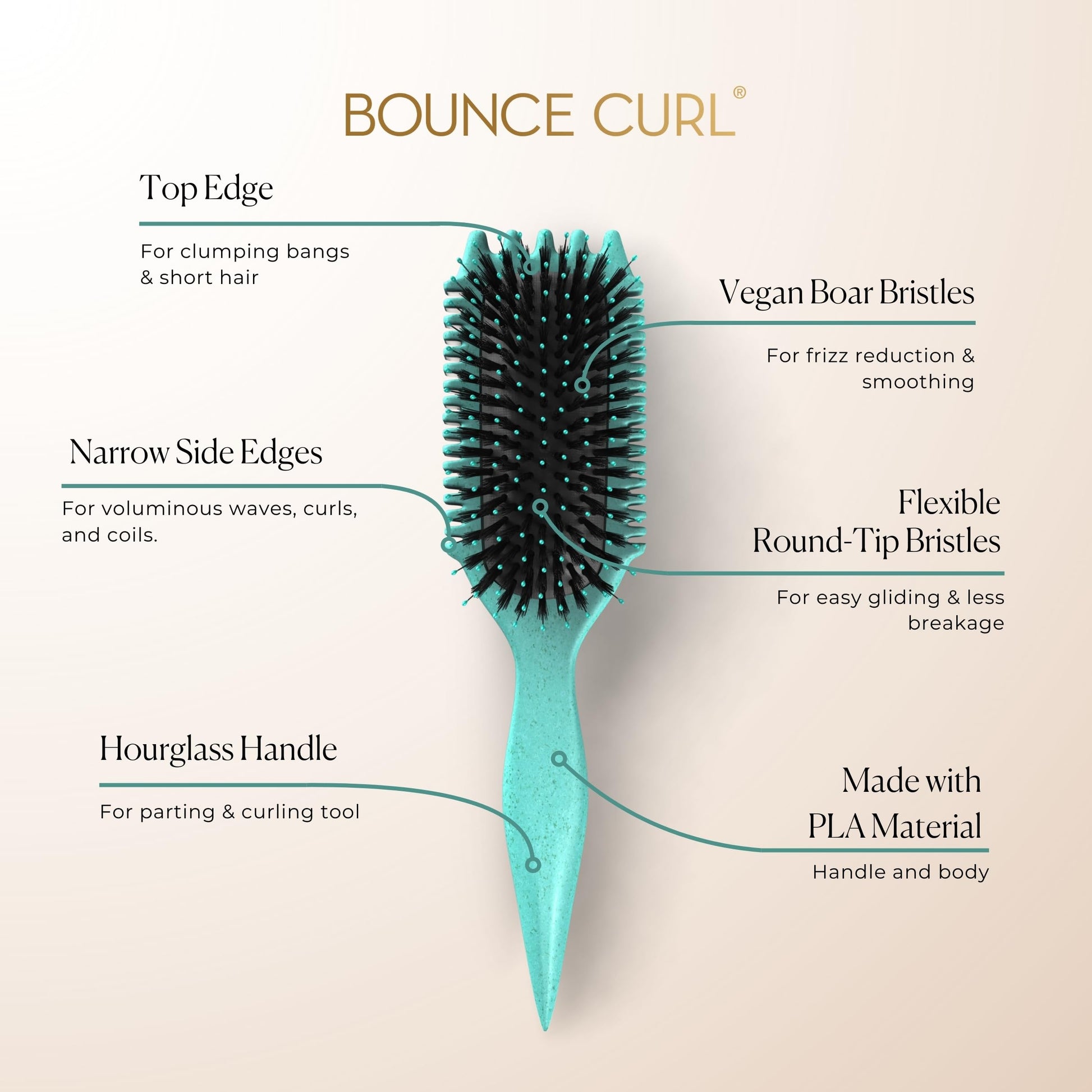 Close up of Bounce Curl Volume EdgeLift brush handle used for parting