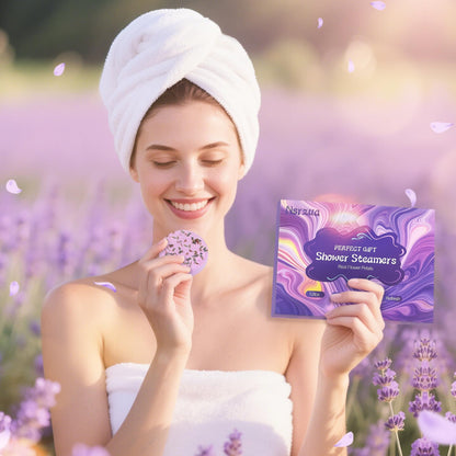 Aromatic essential oil steam releasing from a purple home spa shower tablet