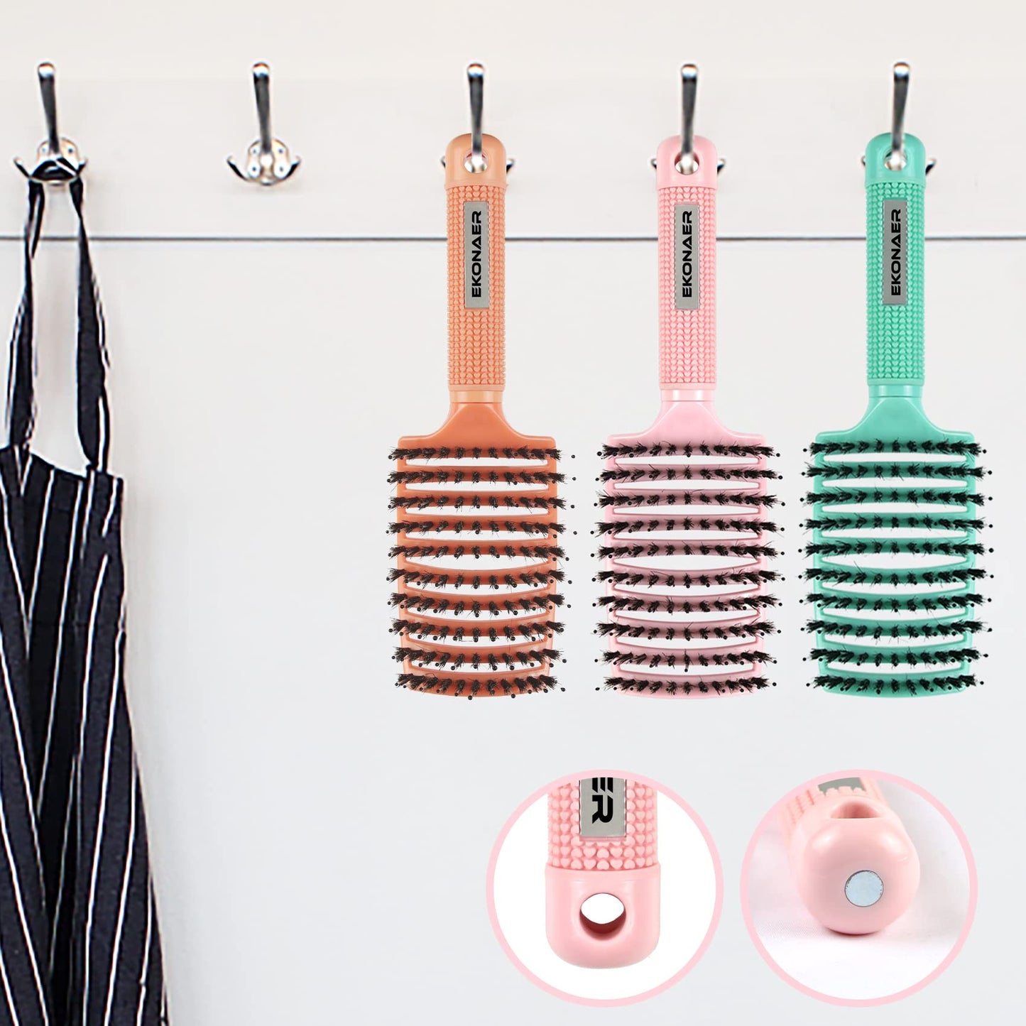 Three pieces of Ekonaer vented hair brushes displayed together