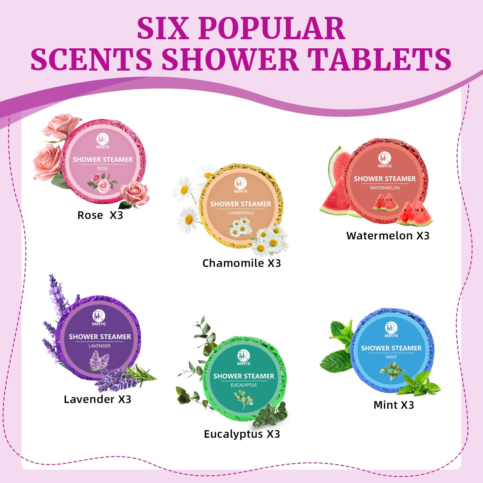 MR MIRYE home spa shower tablets displaying the six different essential oil scents including lavender and eucalyptus.