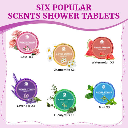 MR MIRYE home spa shower tablets displaying the six different essential oil scents including lavender and eucalyptus.