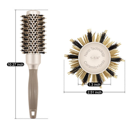 Close up of the boar bristles and nylon teeth on the 1.25 inch nano thermal ceramic ionic hair brush