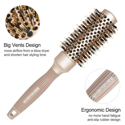 Ergonomic anti slip rubber handle of the gold and beige round barrel brush