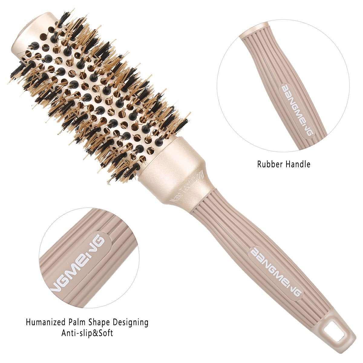 Top view of the round barrel hair brush showcasing the 1 1/4 inch diameter structure
