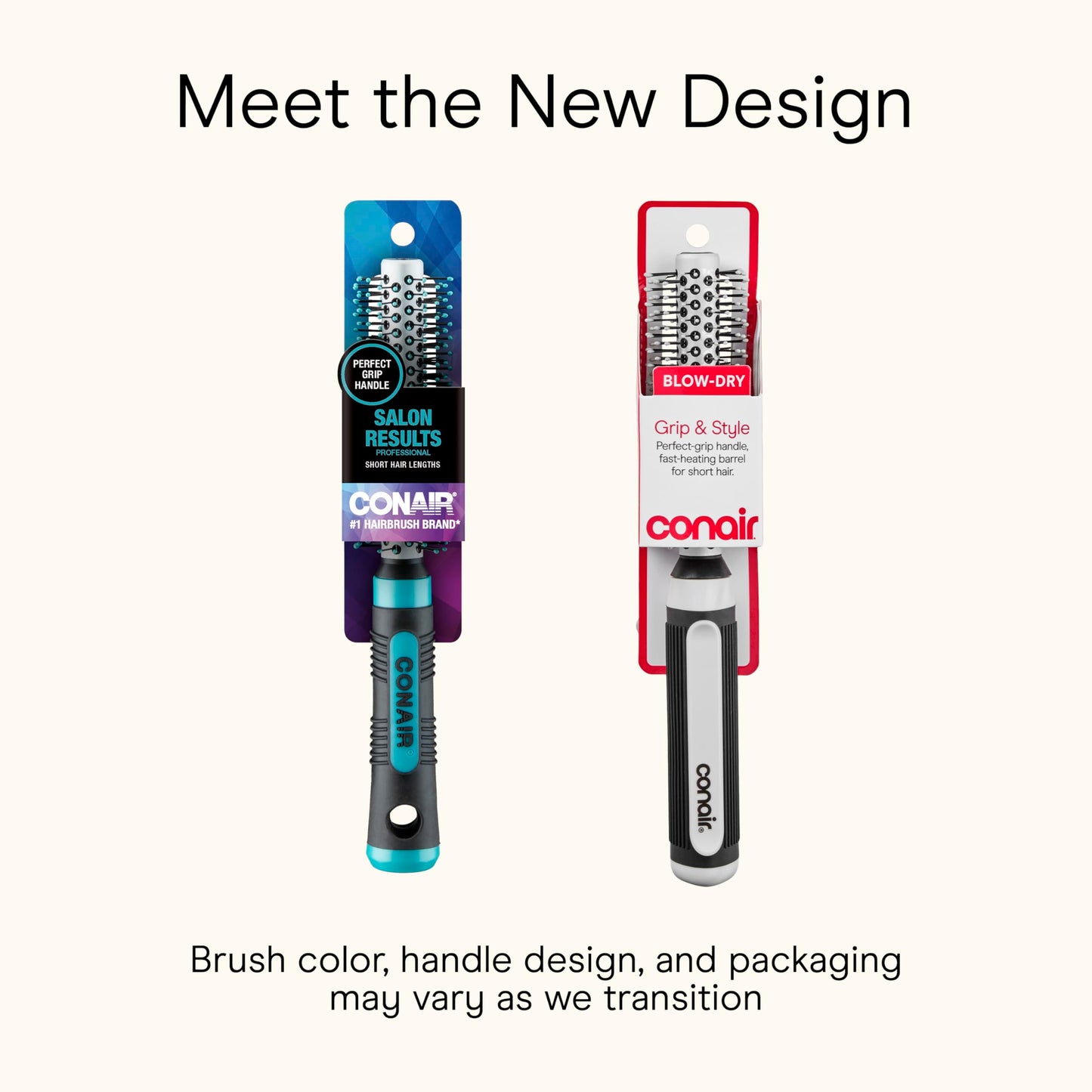 Close-up of the heat-retaining metal barrel and ball-tipped bristles on the Conair blowout brush.