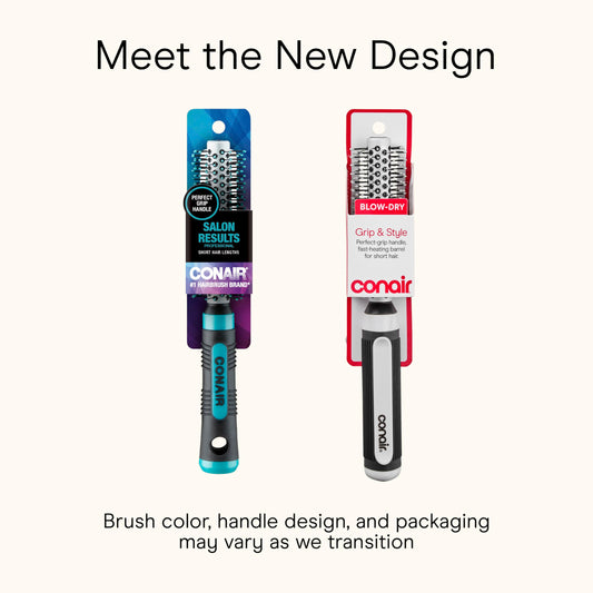 Close-up of the heat-retaining metal barrel and ball-tipped bristles on the Conair blowout brush.
