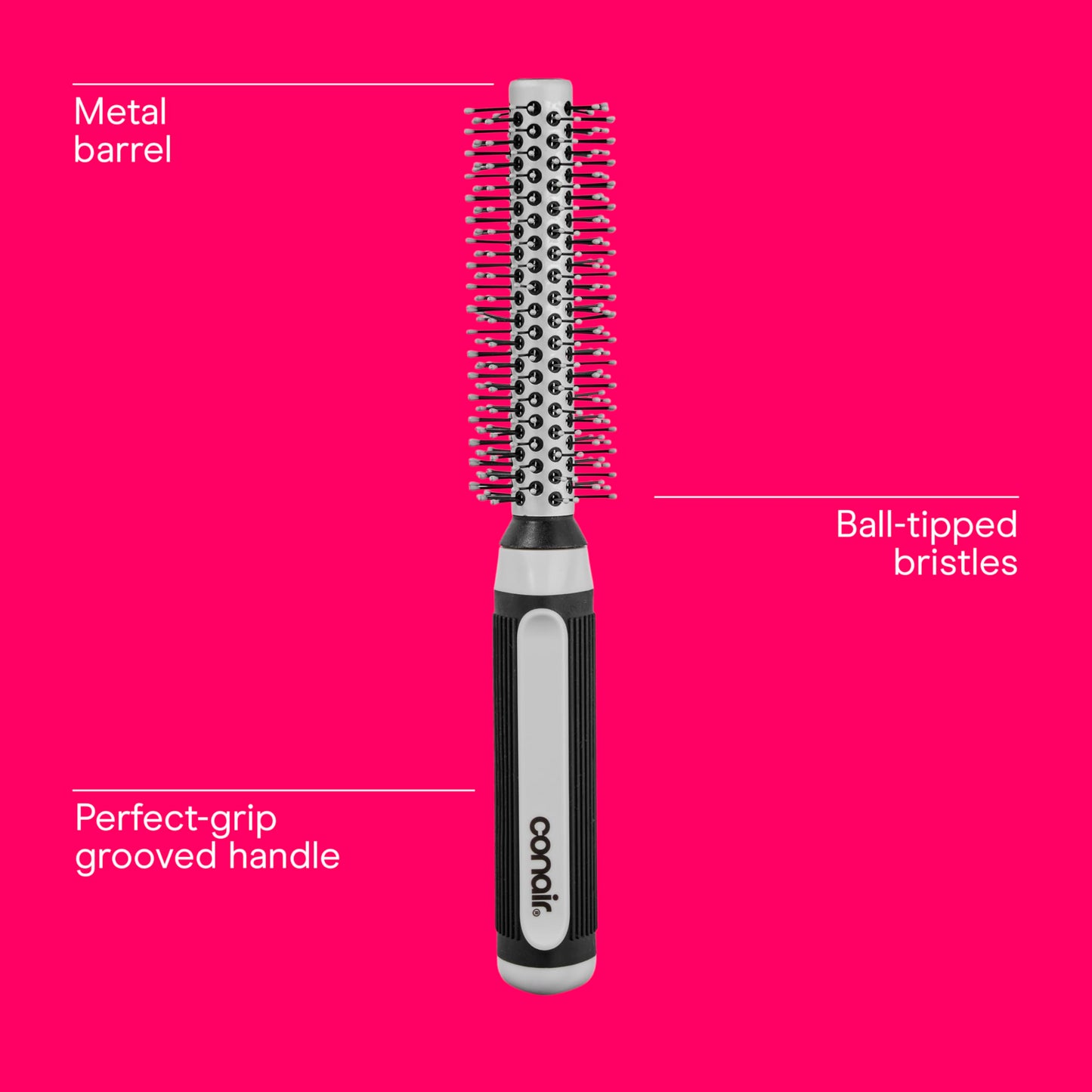 Ergonomic soft-ridged rubber handle of the Conair professional styling brush for firm grip control.