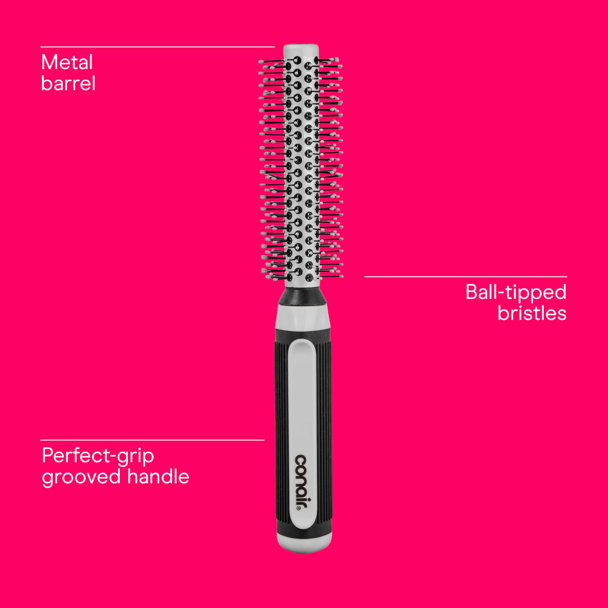Ergonomic soft-ridged rubber handle of the Conair professional styling brush for firm grip control.