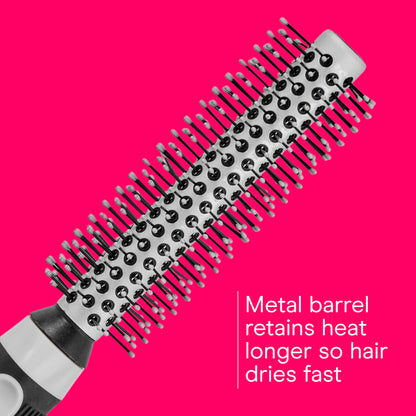 Conair round volume brush angled view demonstrating compact barrel size ideal for short hair styling.