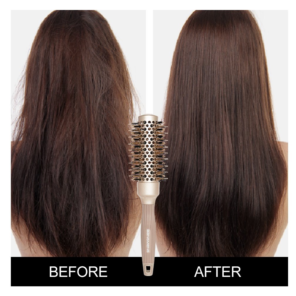 A detailed perspective of the mixed boar bristles on the anti static round styling brush