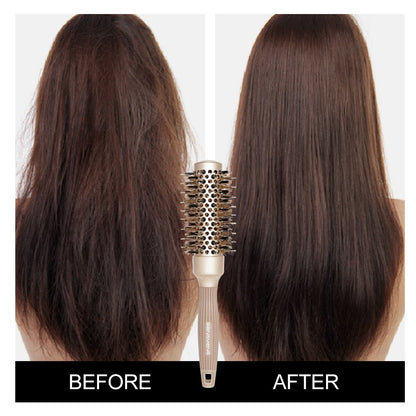 A detailed perspective of the mixed boar bristles on the anti static round styling brush