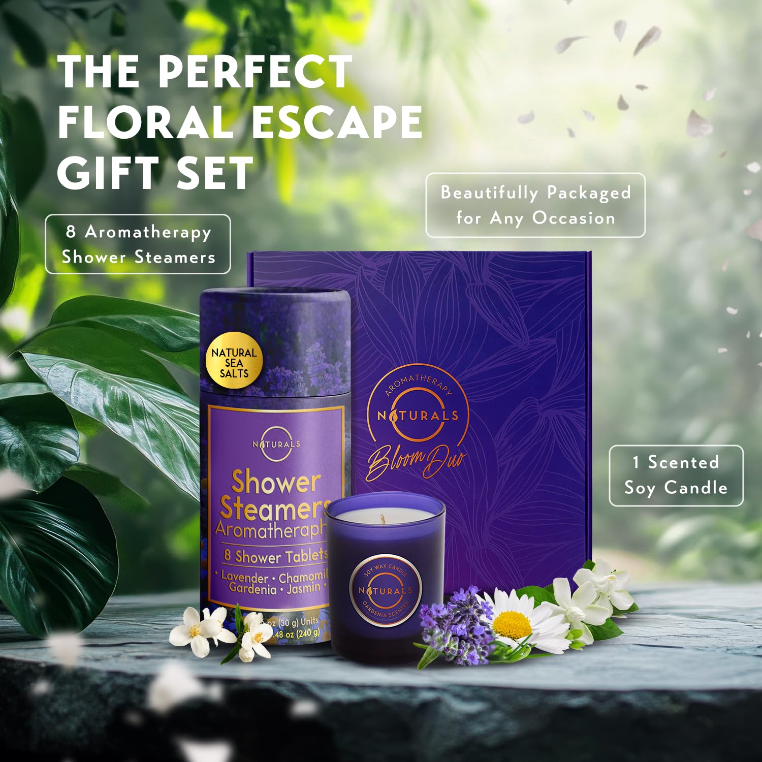 O Naturals home spa shower bombs unboxed displaying individual lavender and floral tablets