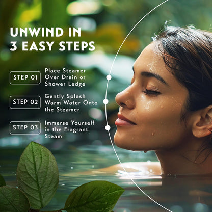 Dissolving shower steamer tablet releasing aromatic essential oil vapors in a steaming bathroom
