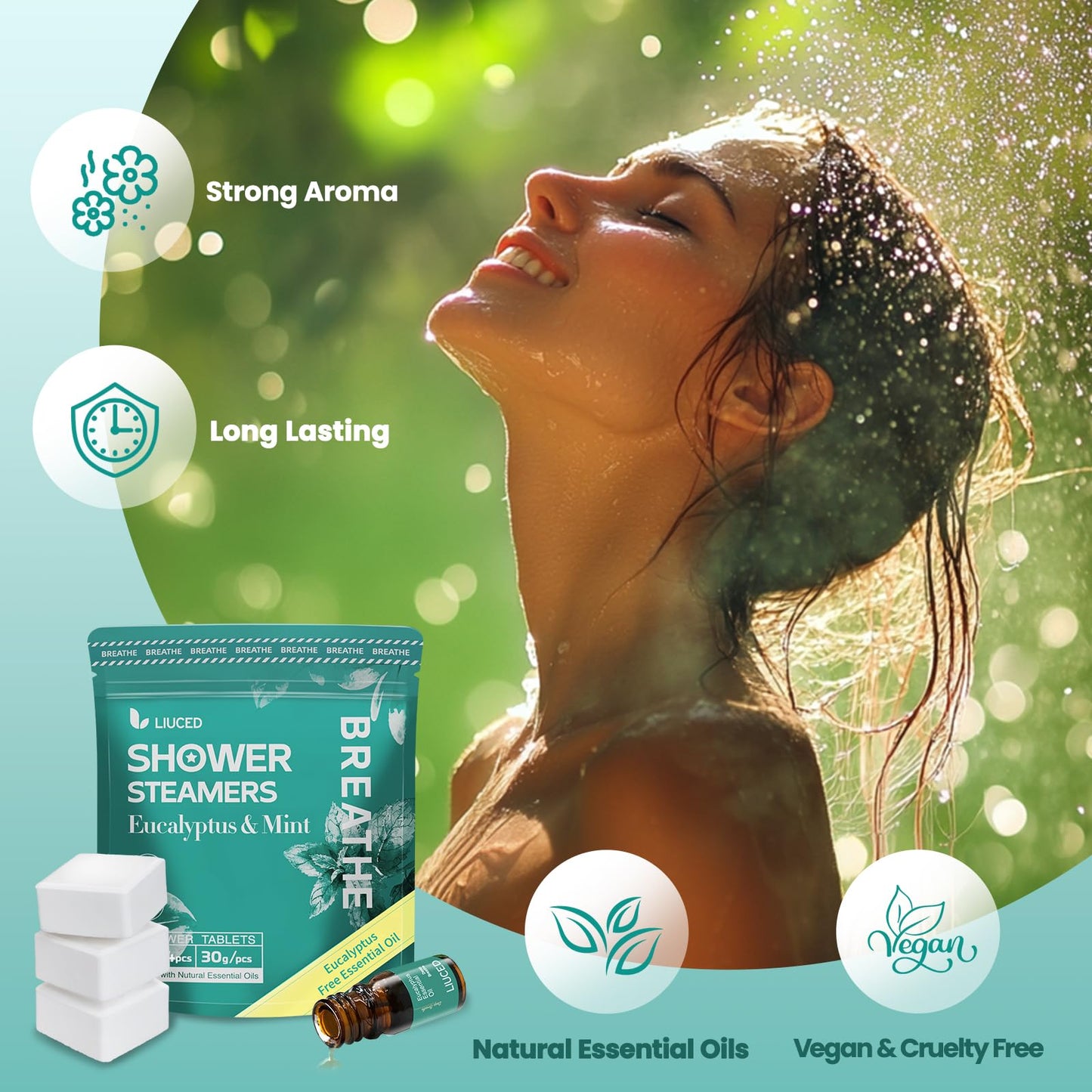 LIUCED sinus relief shower tablet dissolving on a bathroom floor releasing therapeutic vapor