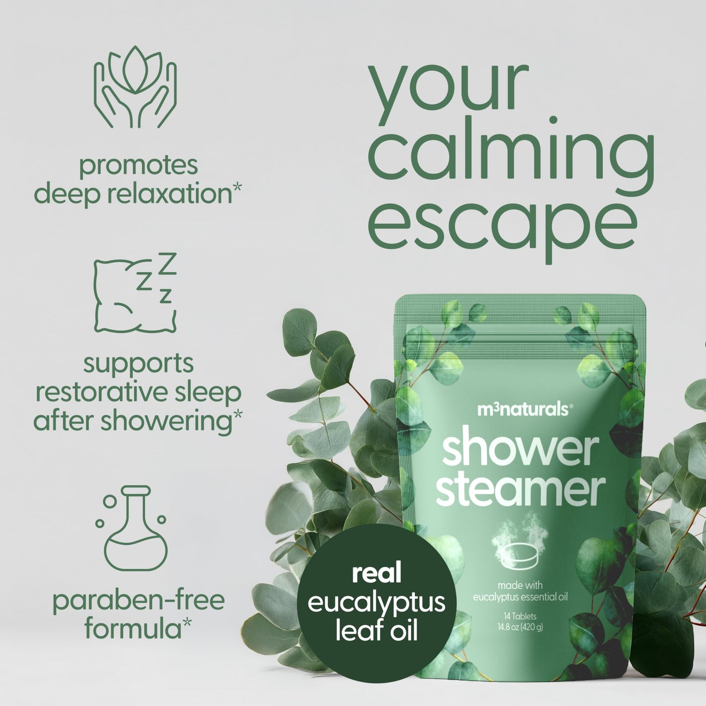 Individually wrapped eucalyptus shower steamer tablets placed on a bathroom shelf near modern shower architecture.