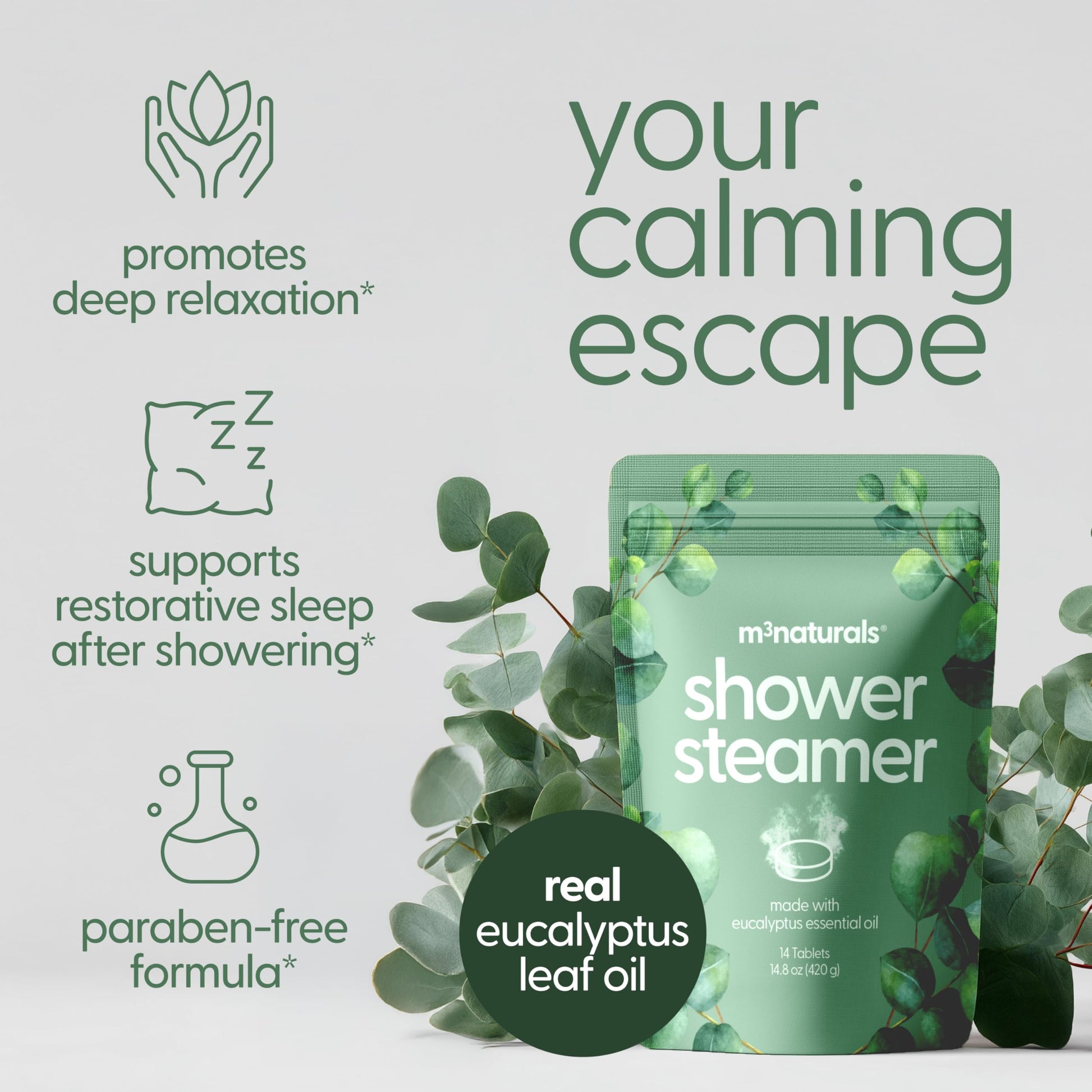 Individually wrapped eucalyptus shower steamer tablets placed on a bathroom shelf near modern shower architecture.