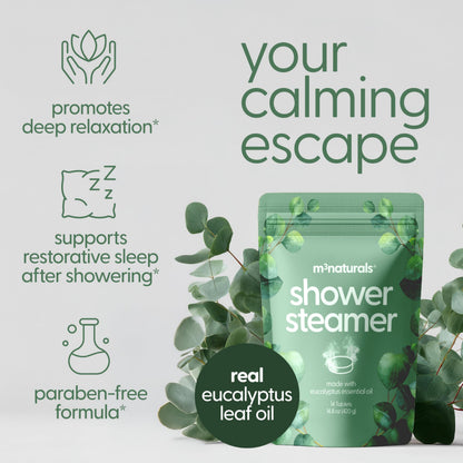 Individually wrapped eucalyptus shower steamer tablets placed on a bathroom shelf near modern shower architecture.