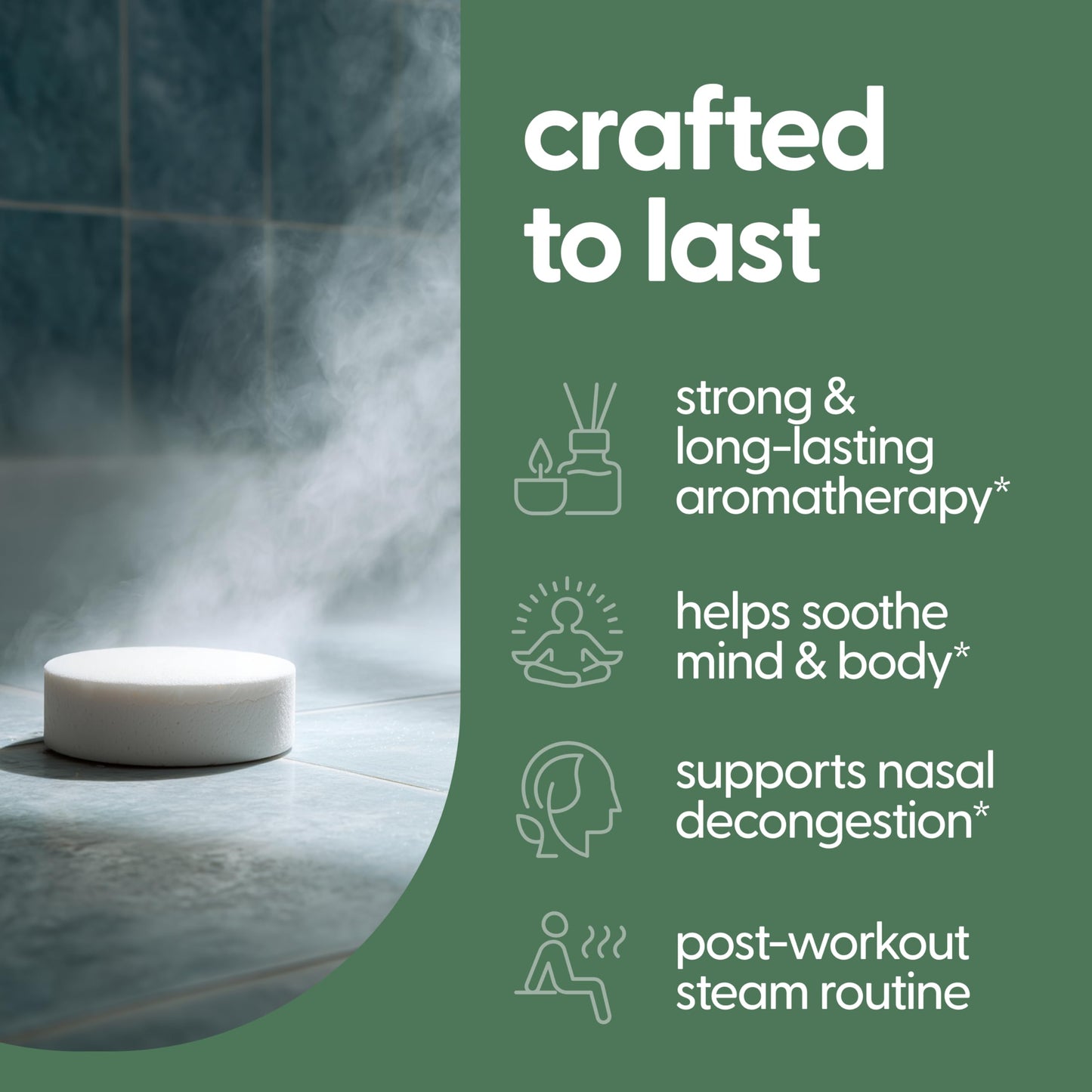 A continuous stream of warm water activating a wellness shower tablet on the floor to release aromatic vapors.