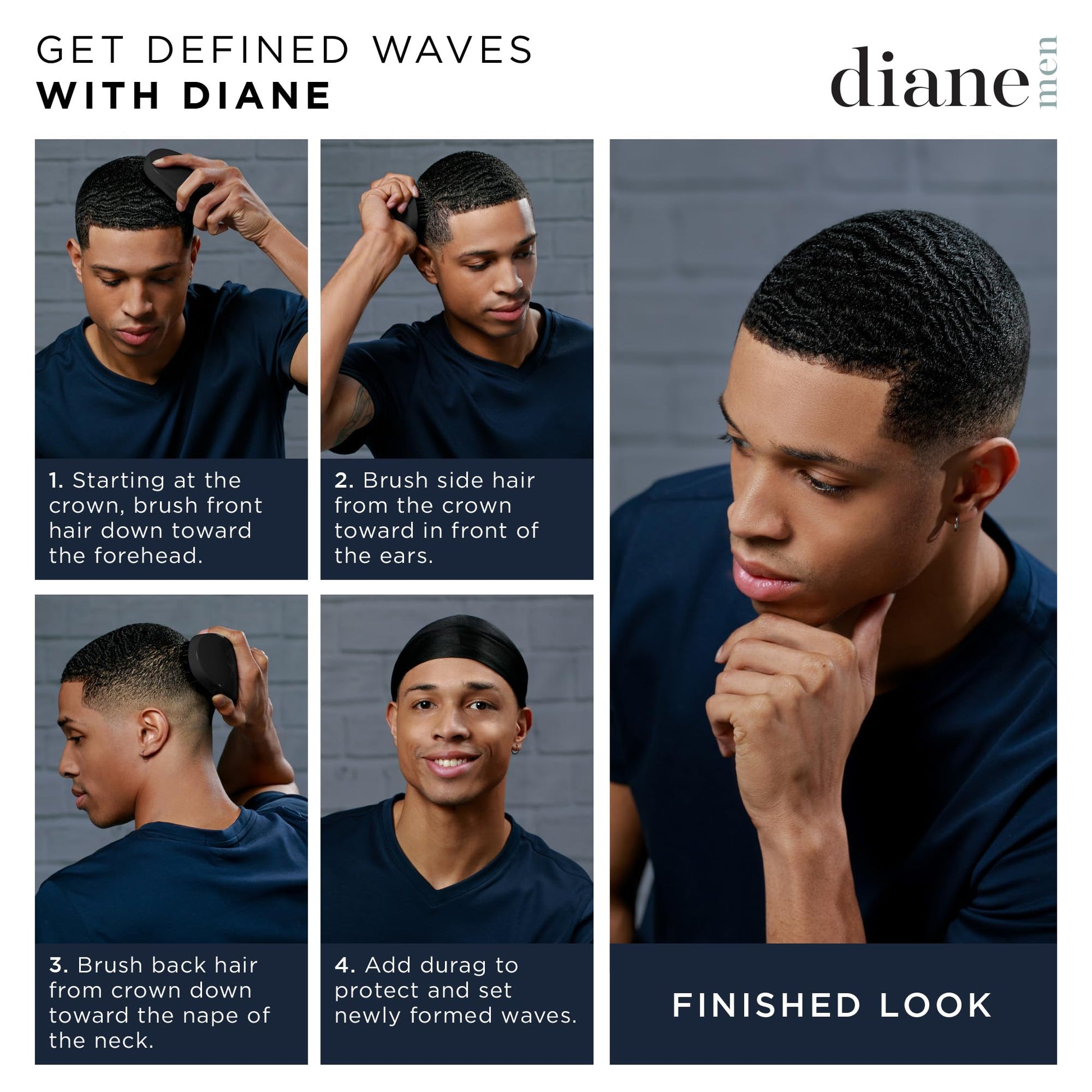 Side profile of Diane wave brush highlighting the ergonomic wooden grip and 7 rows of precision bristles