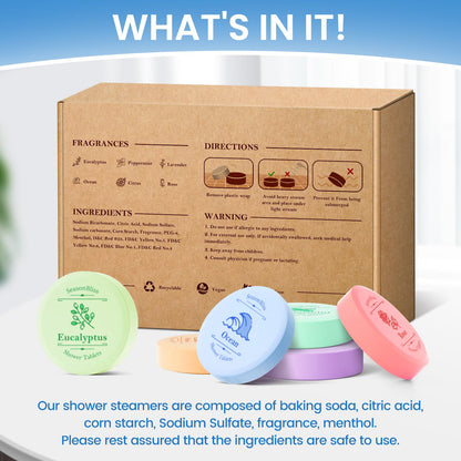 Eucalyptus and peppermint shower steamers placed on a bathroom shelf near water steam