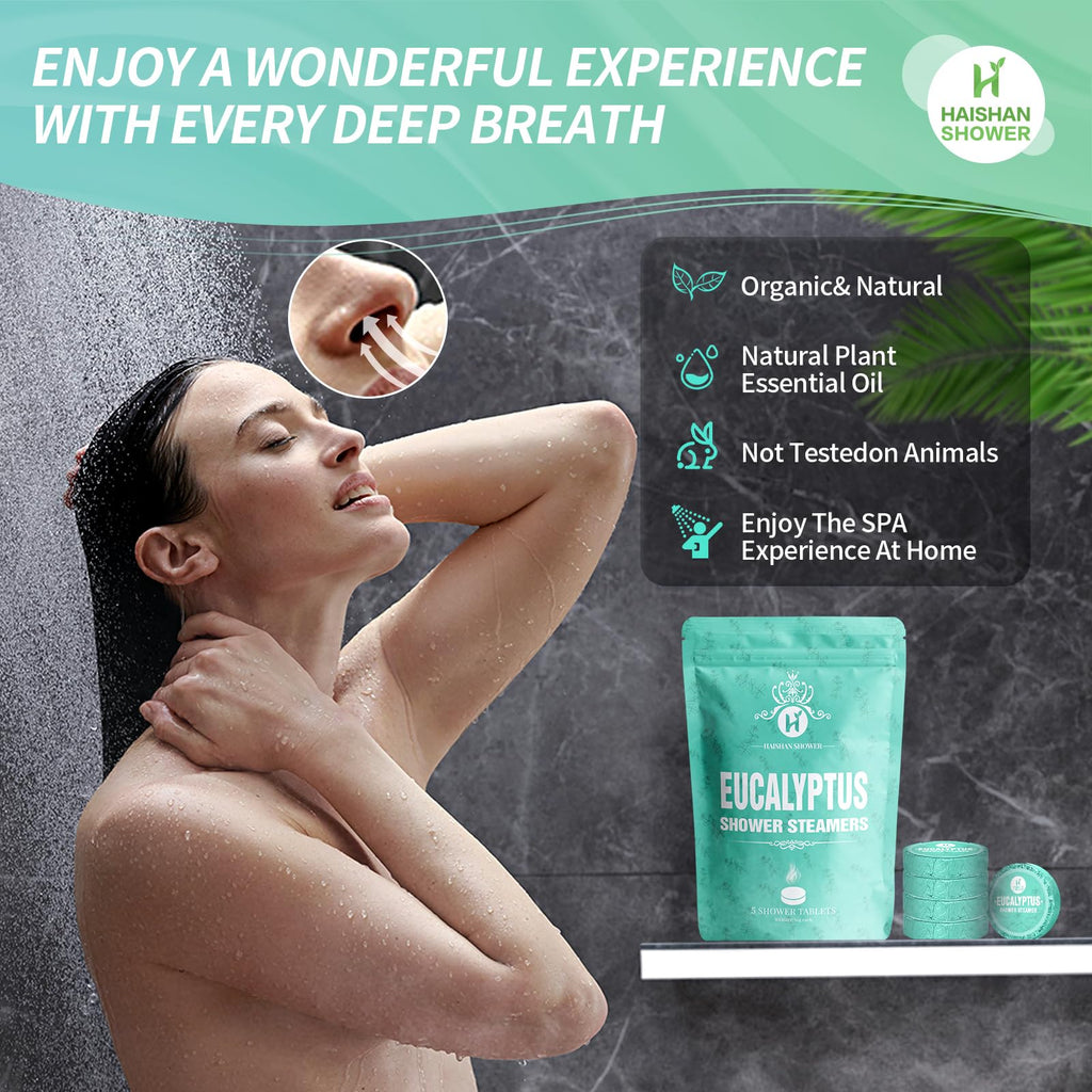 Premium shower steamer tablet dissolving on bathroom floor releasing aromatic vapor