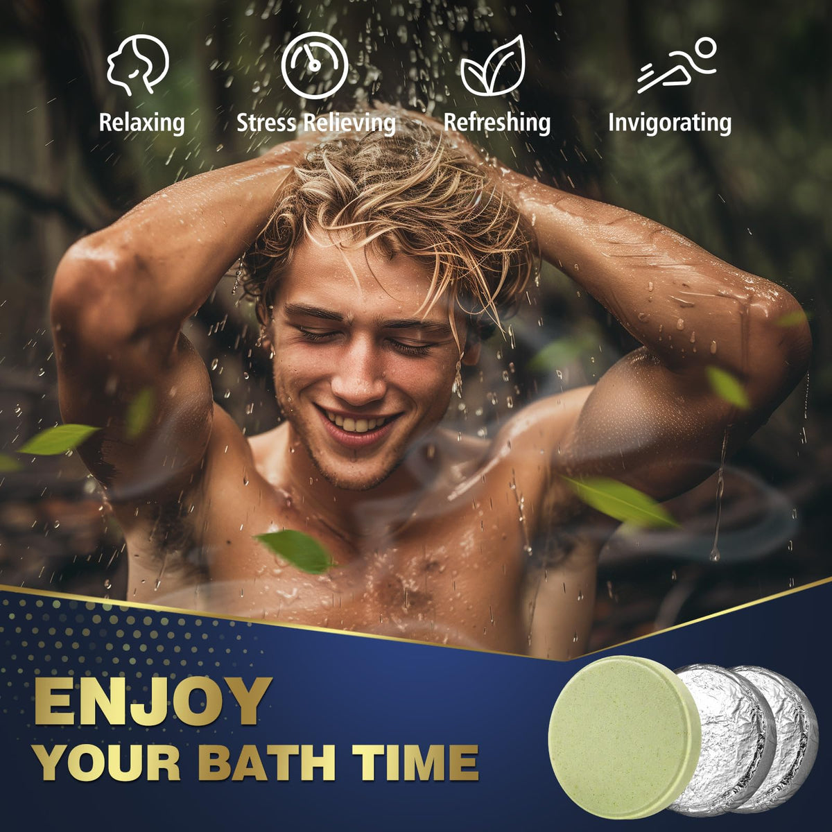 Close up view of the textured peppermint and sandalwood shower tablets.