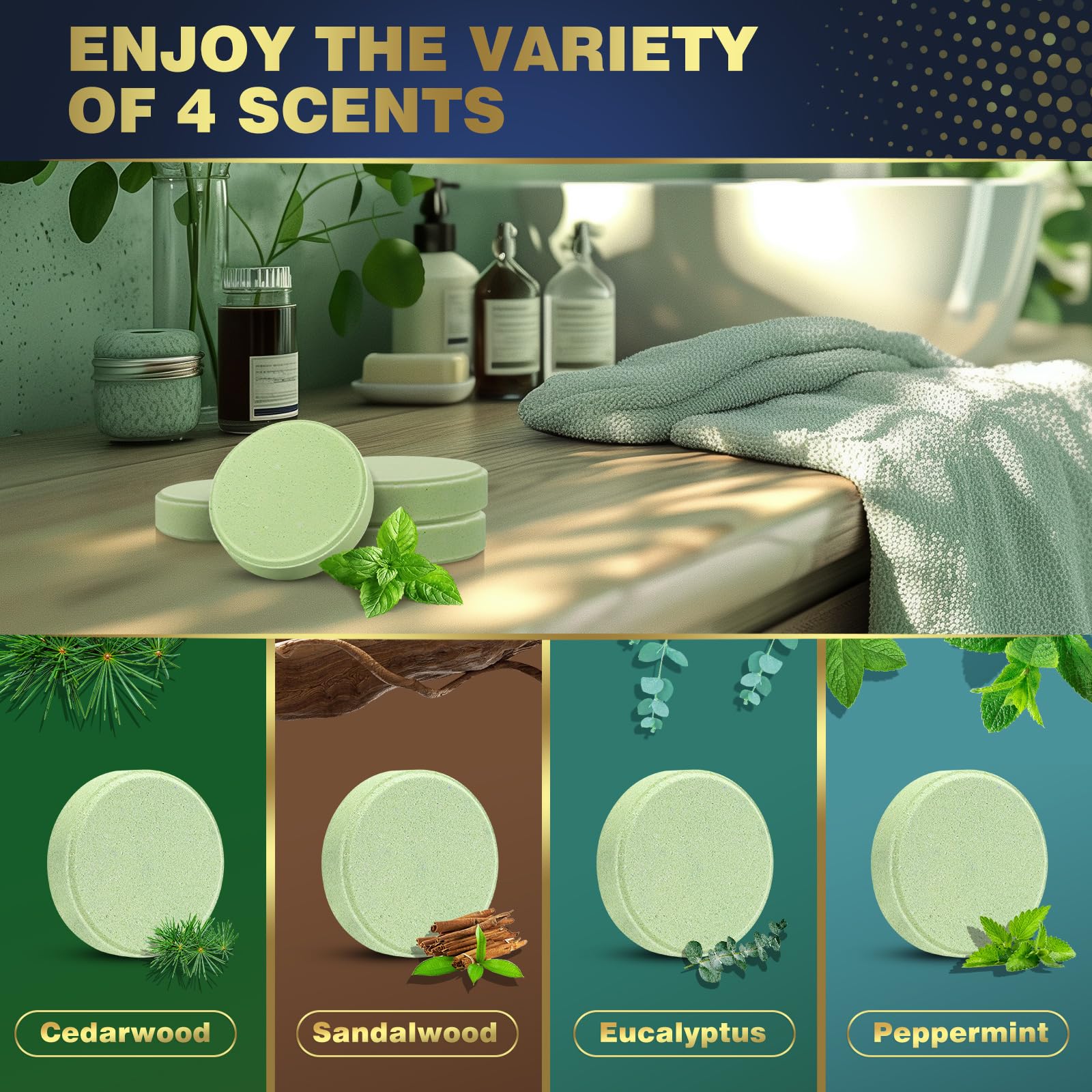 Qivatex shower fizzies box displaying premium natural ingredients and scent labels.