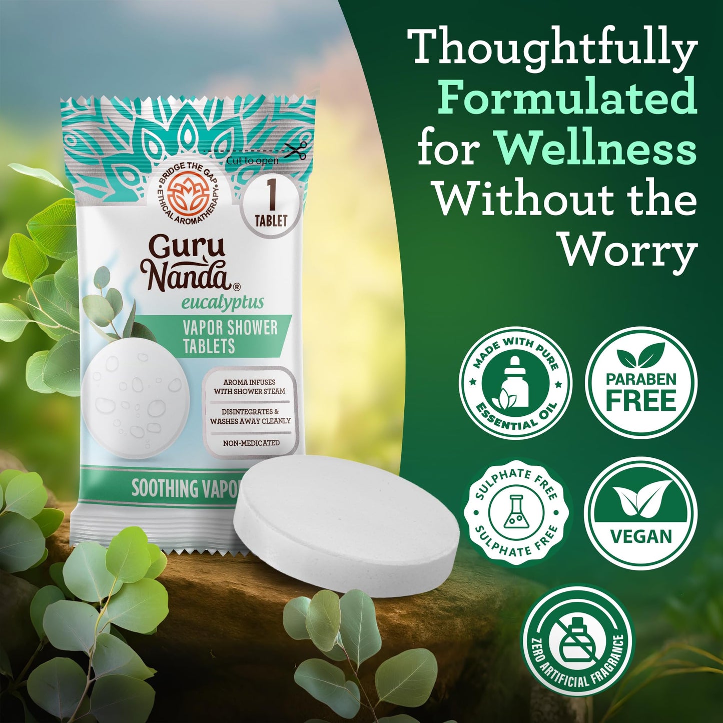 GuruNanda non medicated eucalyptus and camphor shower tablets packaging