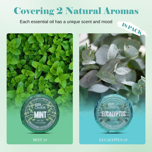W&E Choice shower bombs dissolving on a bathroom floor releasing cooling essential oil steam