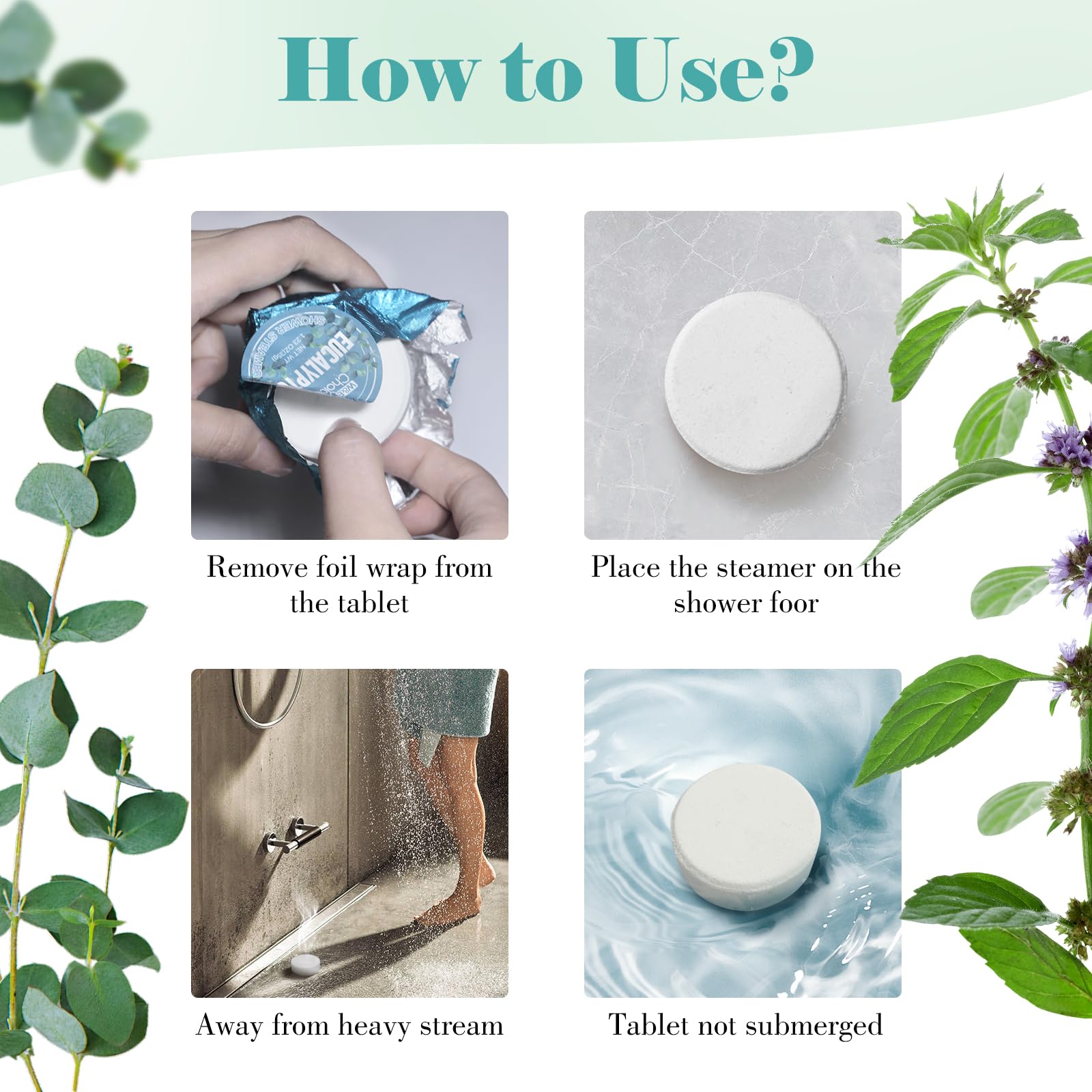 Natural essential oil infused shower steamers packaging details and usage display