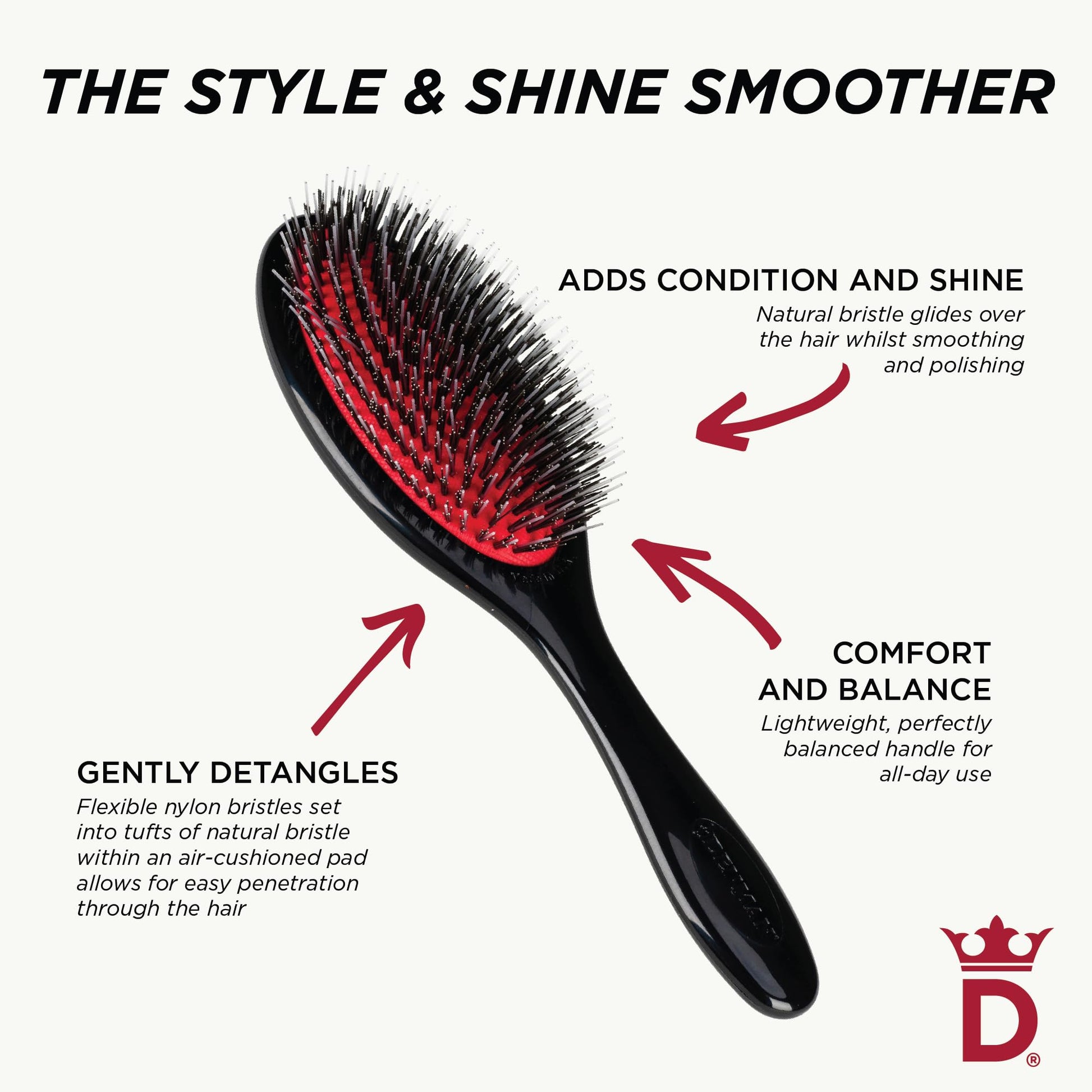 Side profile of Denman medium cushion hair brush demonstrating the air cushioned pad.