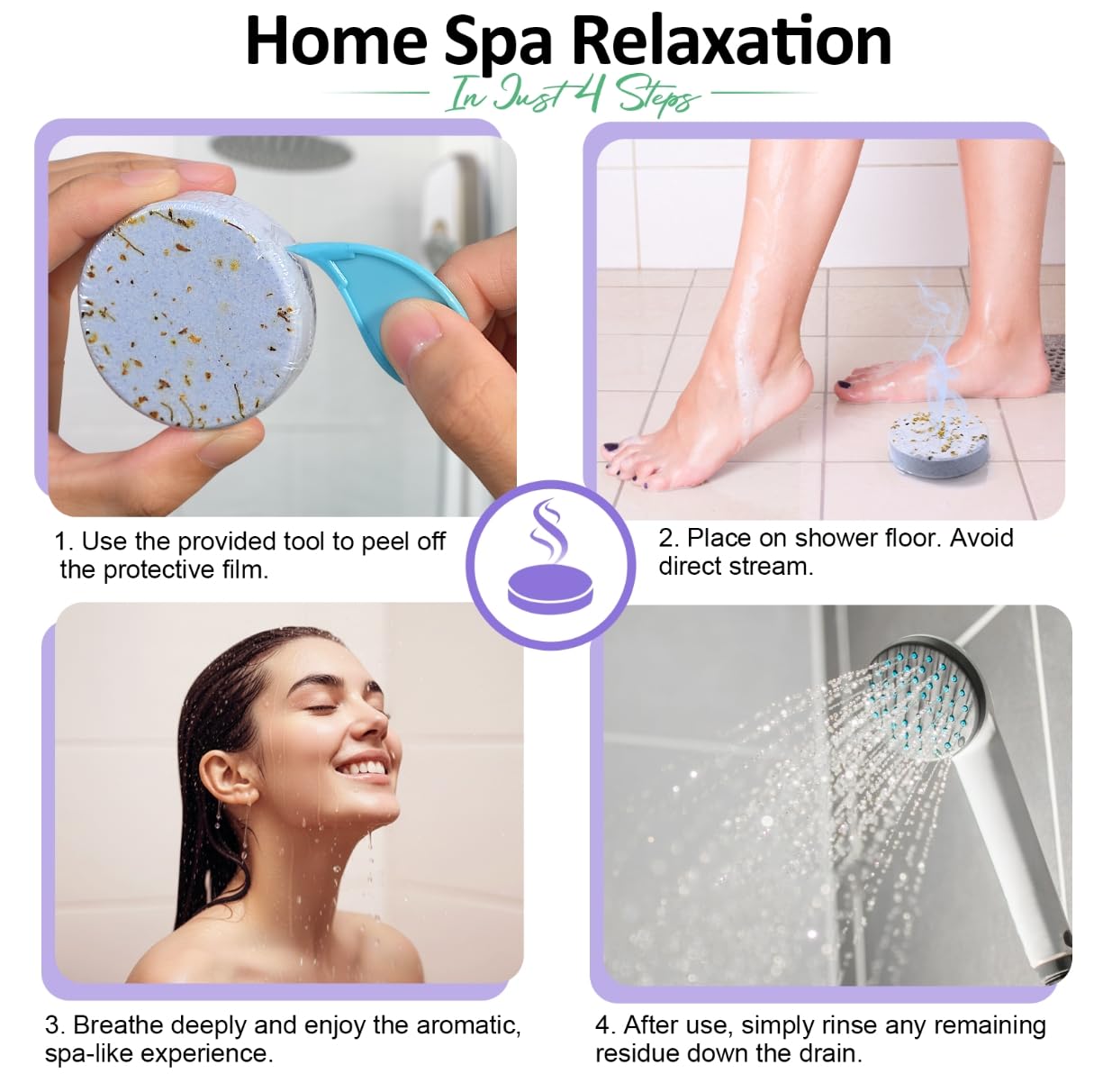 Aromatic vapor release visualization from a plant-derived essential oil tablet under warm bathroom mist.