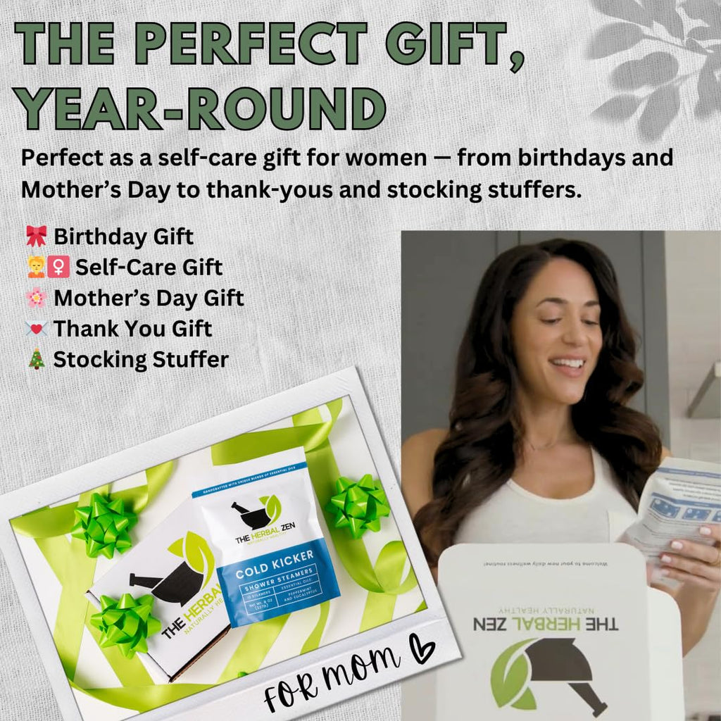 Authentic imported peppermint and eucalyptus shower bombs by The Herbal Zen unboxed on a counter