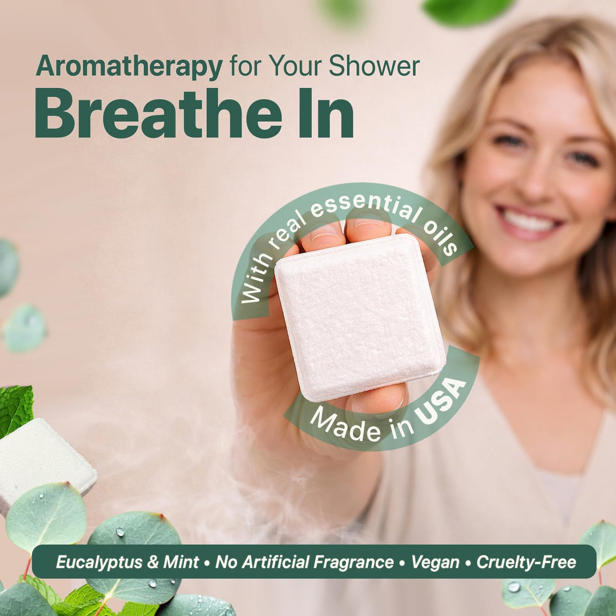 Seven white natural aromatherapy tablets arranged outside their box showing large size