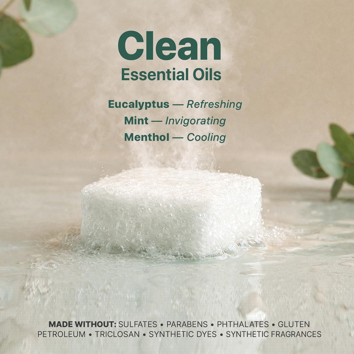 Natural eucalyptus essential oil aromatherapy tablet being placed under a light water splash