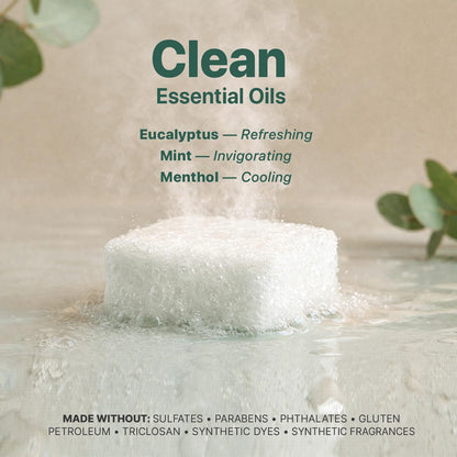 Natural eucalyptus essential oil aromatherapy tablet being placed under a light water splash