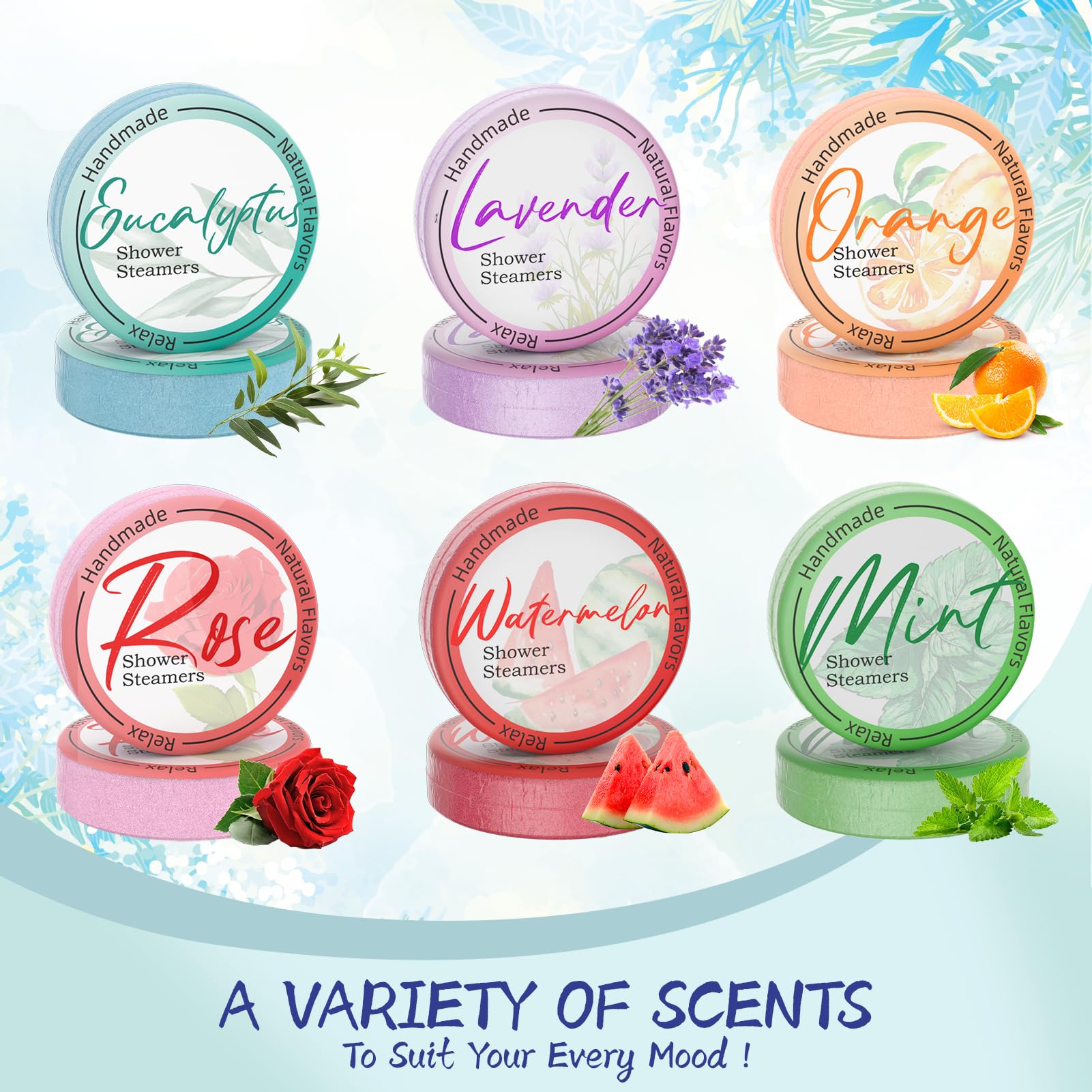 Eight colorful handmade shower bomb tablets displayed with essential oil ingredients