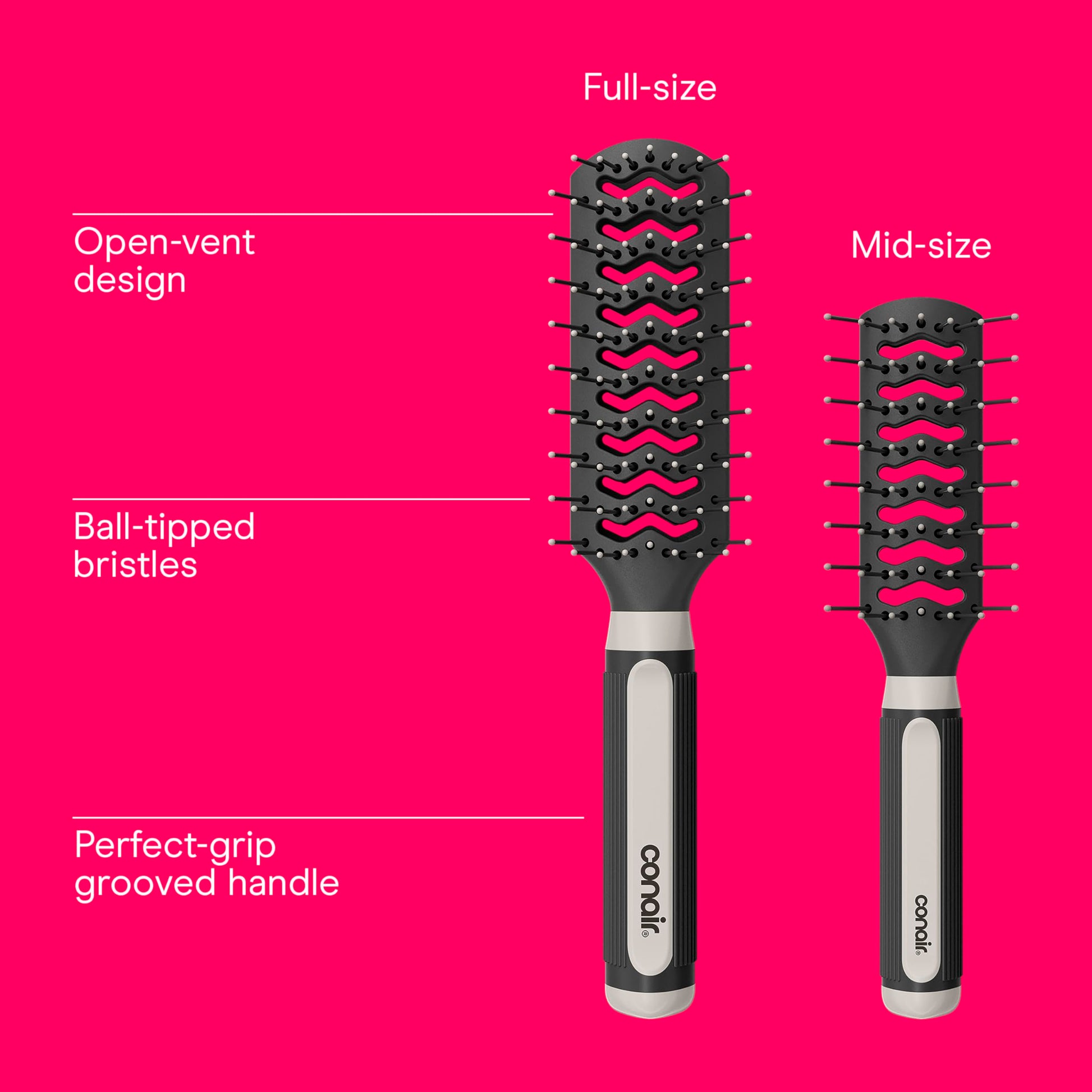 Side profile of the Conair Salon Results vent hairbrush highlighting the slotted barrel design for airflow