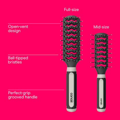 Side profile of the Conair Salon Results vent hairbrush highlighting the slotted barrel design for airflow
