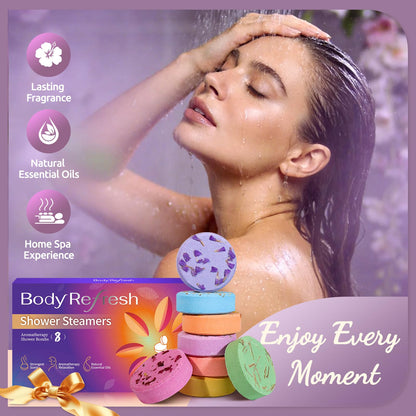 Authentic USA imported essential oil shower bombs collection displaying floral botanicals