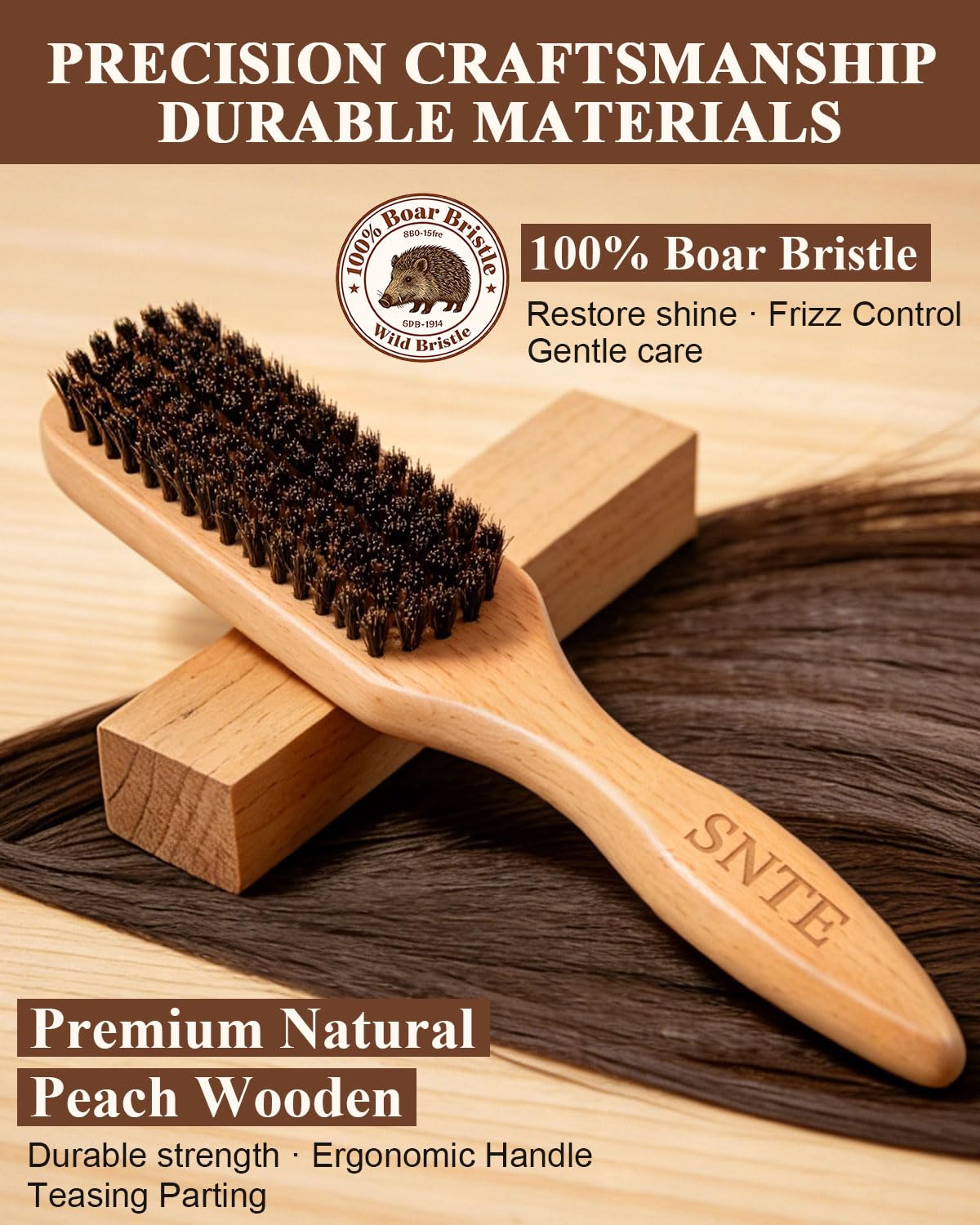Close up of natural boar bristles on Rovdi hair brush
