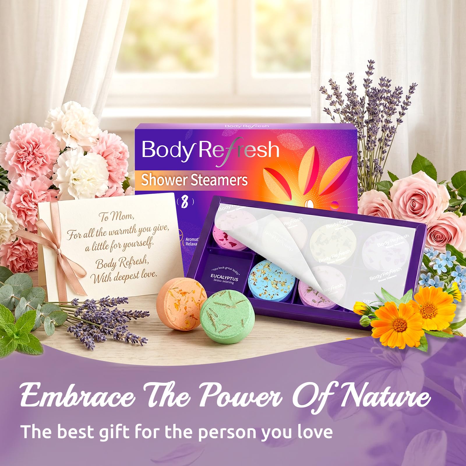 Self care relaxation shower steamers packaging showing diverse aromatic fragrances