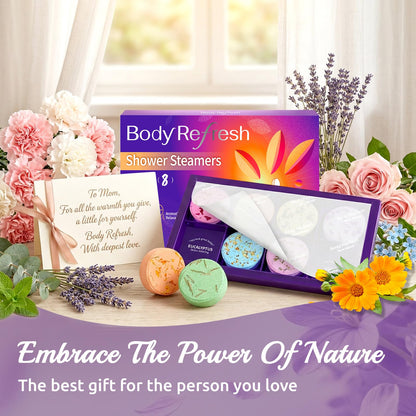 Self care relaxation shower steamers packaging showing diverse aromatic fragrances