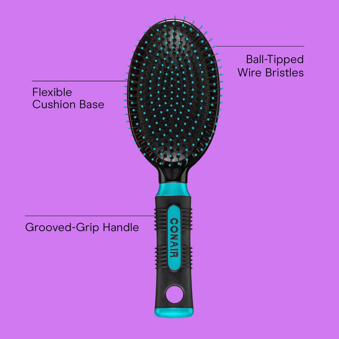 Conair detangling hairbrush close up view of the protective ball tipped metal pins