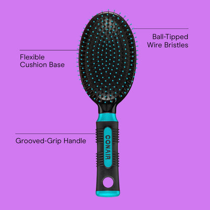 Conair detangling hairbrush close up view of the protective ball tipped metal pins