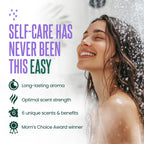 Cleverfy self-care shower steamers being placed on a bathroom floor corner away from water stream