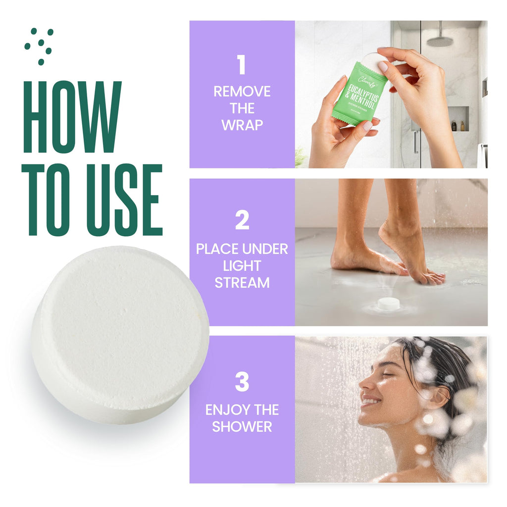 Cleverfy essential oil tablets dissolving gently under warm bathroom vapor to create home spa