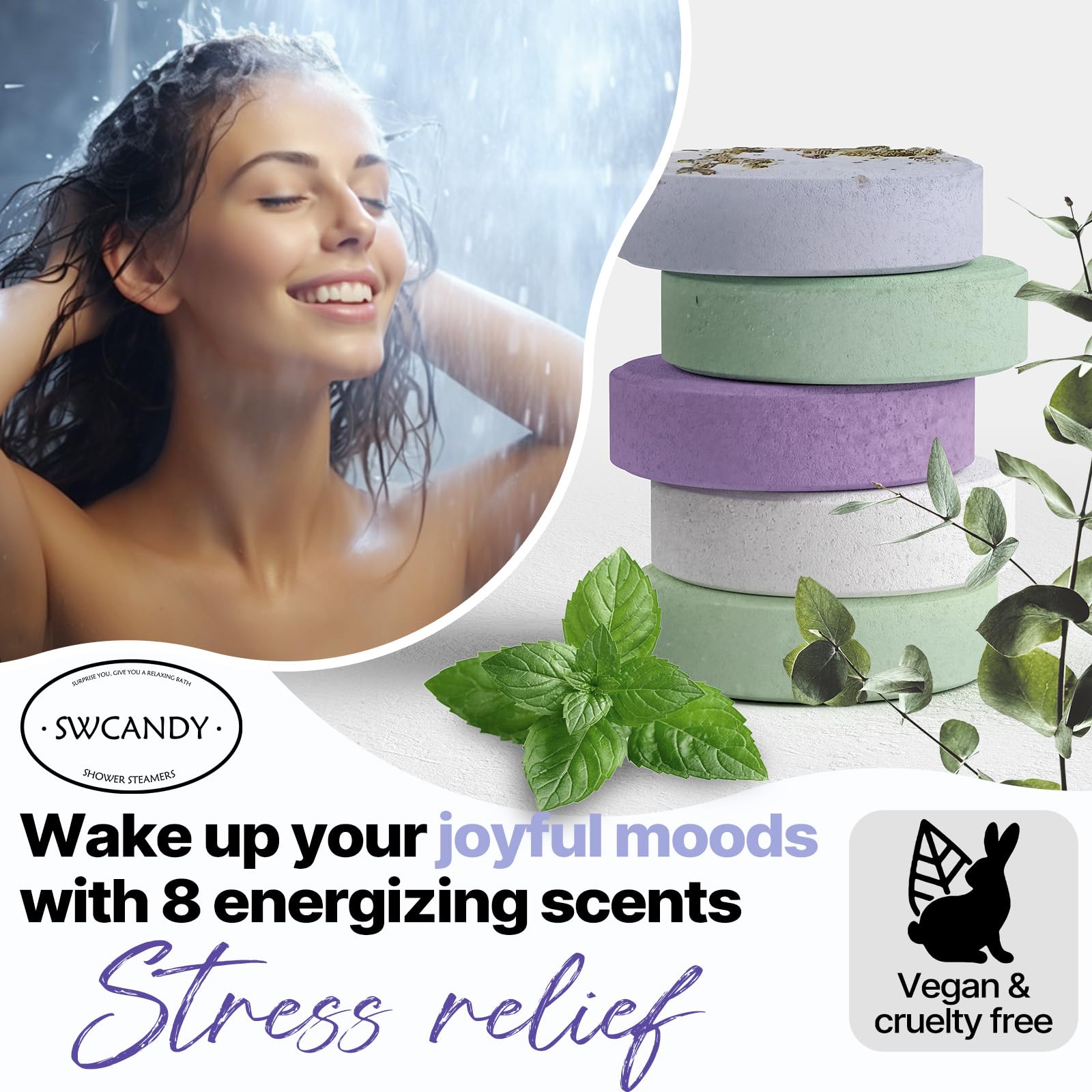 Lavender and eucalyptus aromatherapy tablets by SWCANDY displayed next to natural botanicals representing pure essential oils