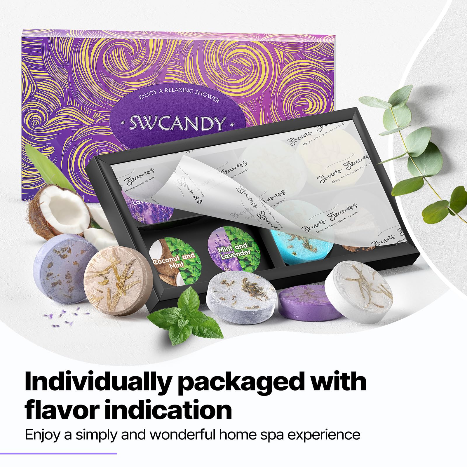 SWCANDY self care gift set collection showcasing the eight unique floral and herbal scents included in the package